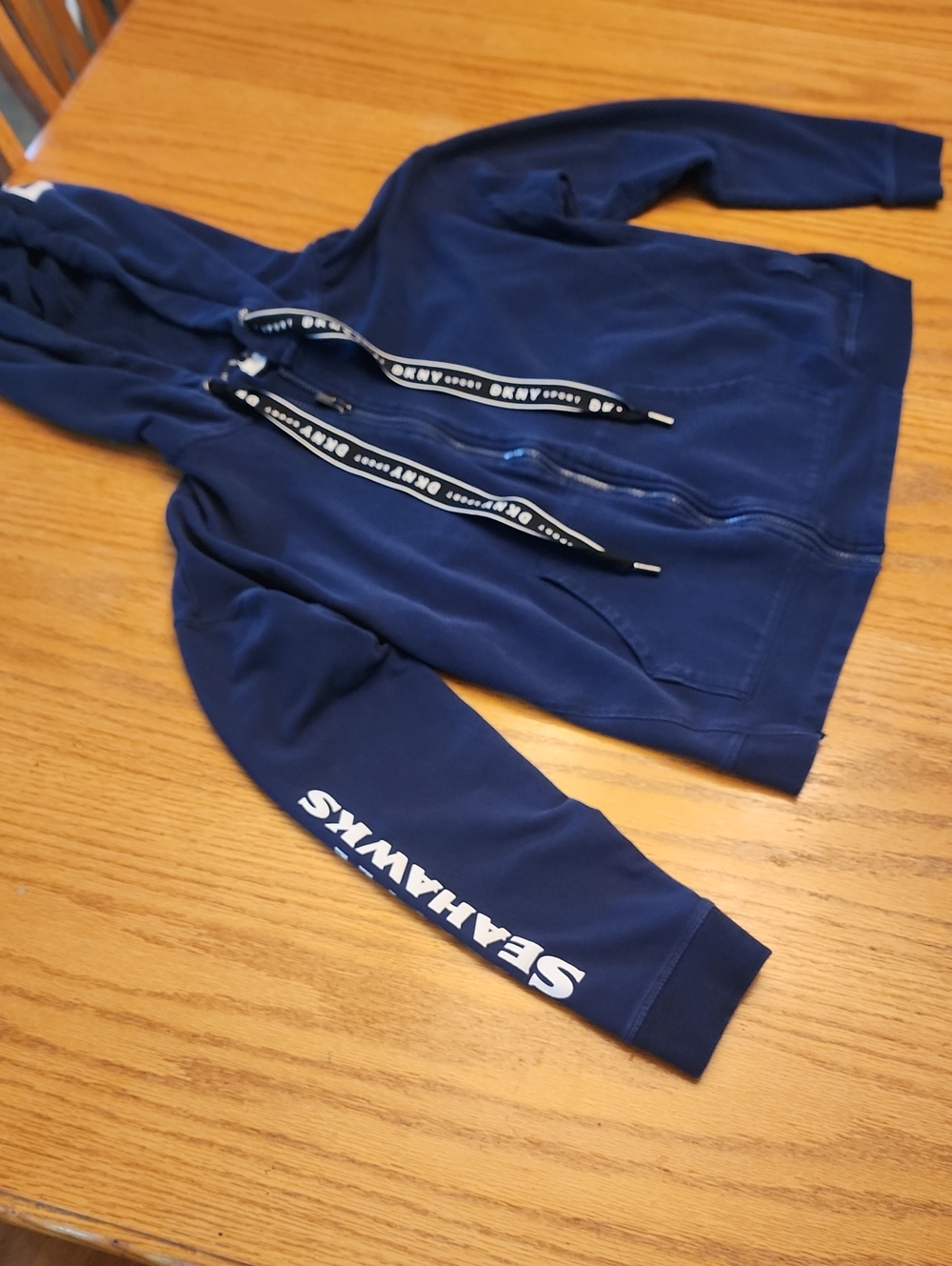 DKNY Seattle Seahawks Navy Full-Zip Crop Hoodie with Branded Drawstrings - Picture 16 of 16